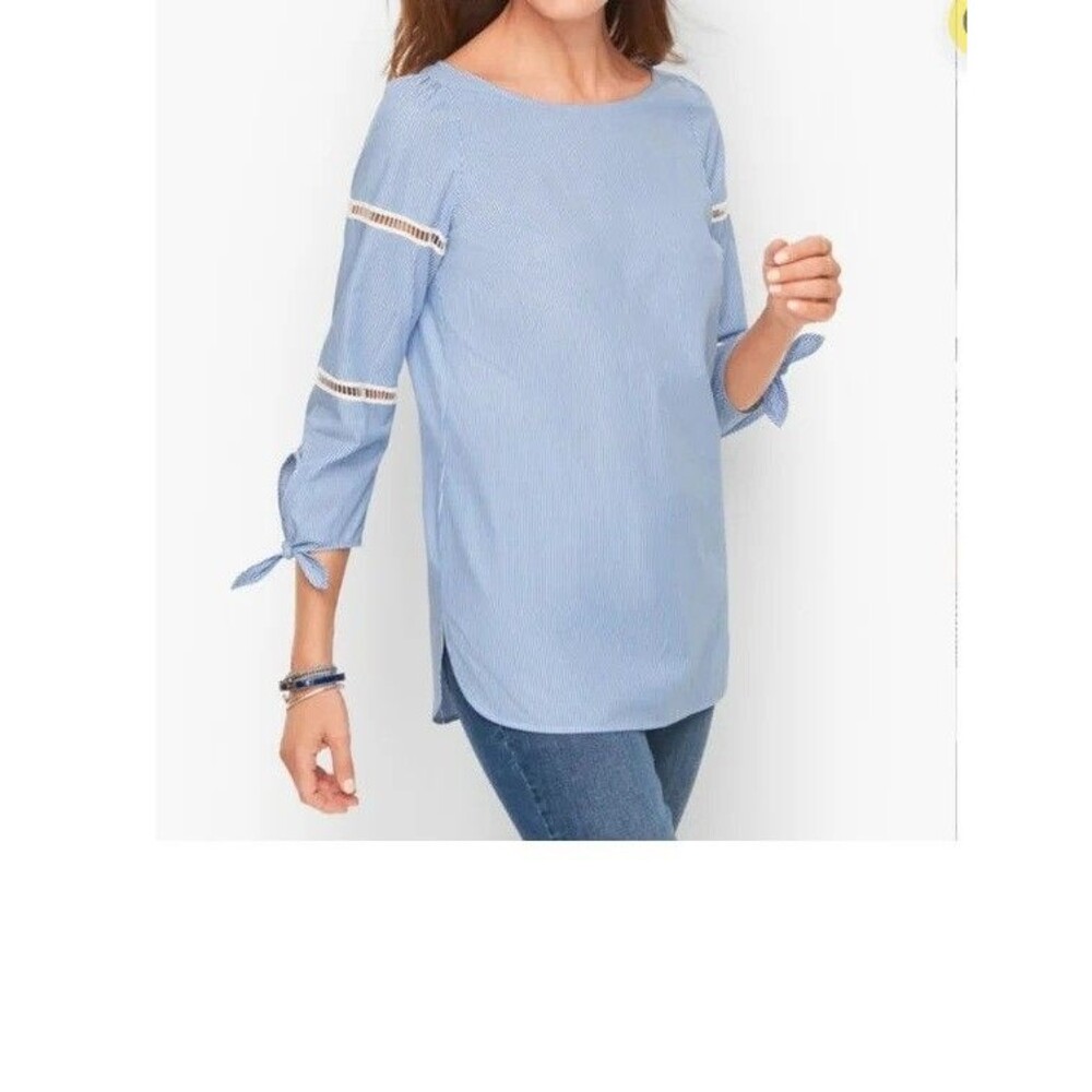 Talbots Plus Tie Detail Poplin Top Gentle Stripe ladder‎ trim 3X
